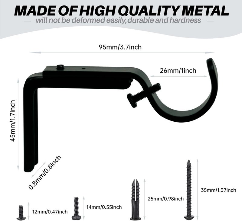 eletriace Curtain Rod Bracket Heavy Duty Adjustable Window Hardware Rod Holders Hanger for 1 inch Rods, Set of 3 (Black - Adjustable) - Image 2